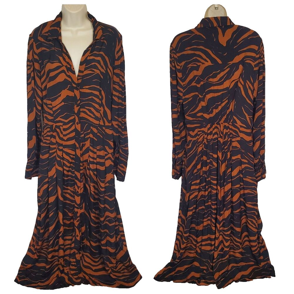 Socialite Women’s Animal Print Dress Size XL Black Brown Maxi Shirtdress V-Neck